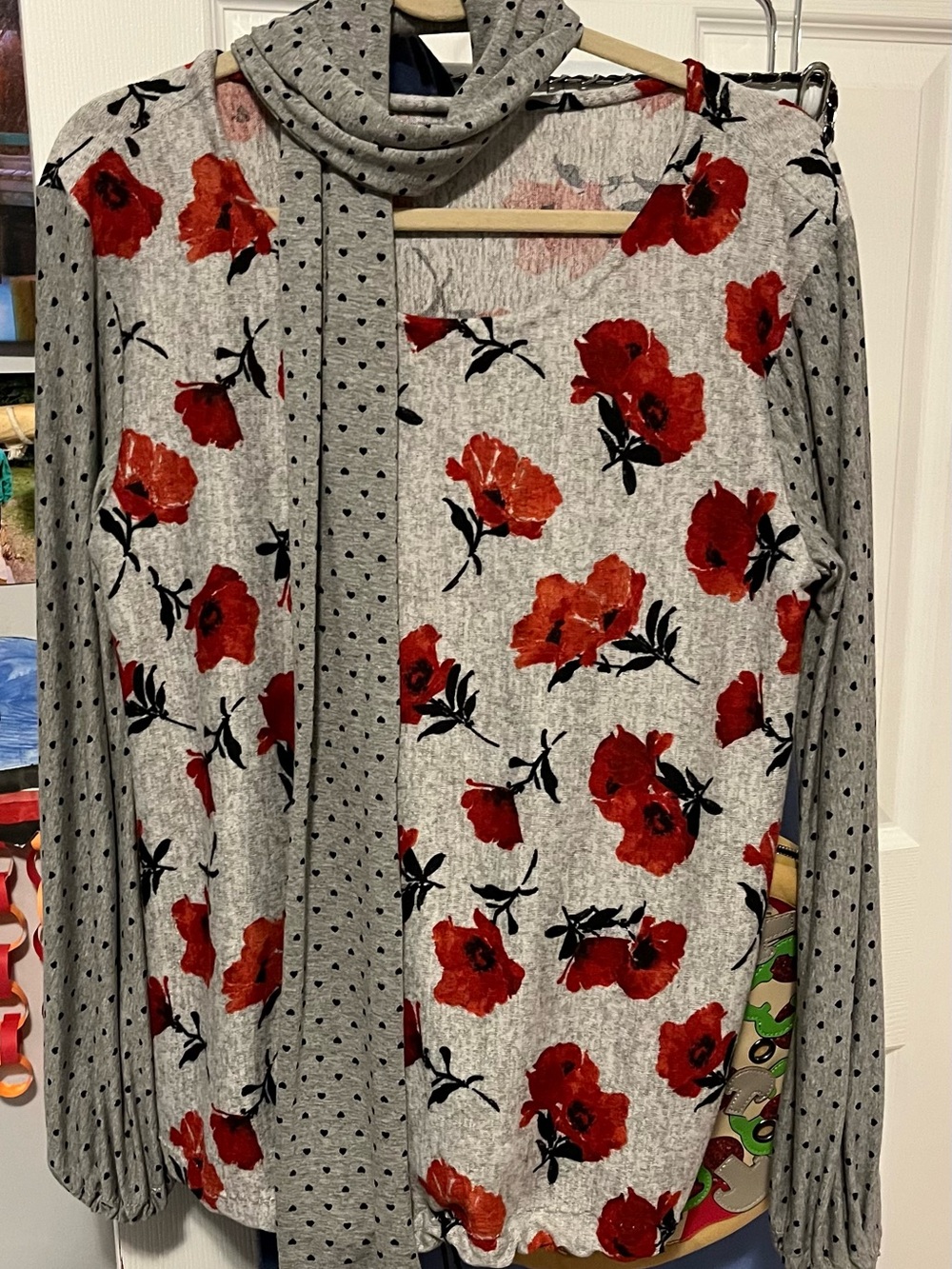 Women's Grey Floral Long-Sleeve Top with Scarf. Elasticized cuffs.